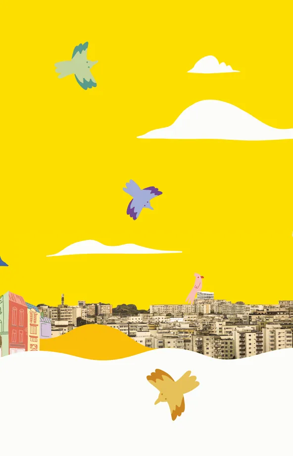 Inside the cover: colourful birds in a yellow sky, above Bucharest’s blocks of flats