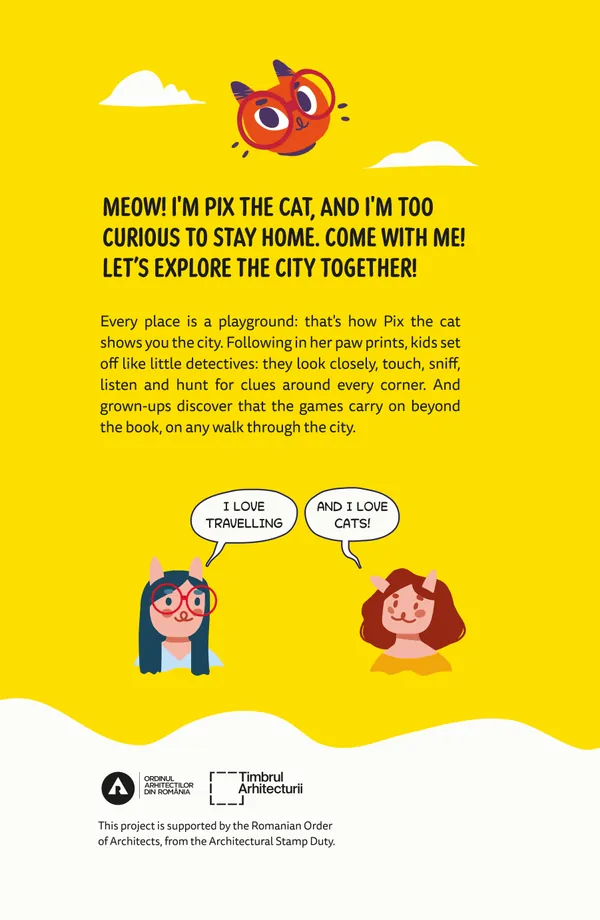 The back cover: Pix introduces herself, and the authors, Ina and Raluca, drawn with cat ears, say they love travelling and cats