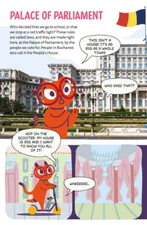 The People’s House: Pix amazed in front of the building, then on a scooter with Marcel the mouse through its halls