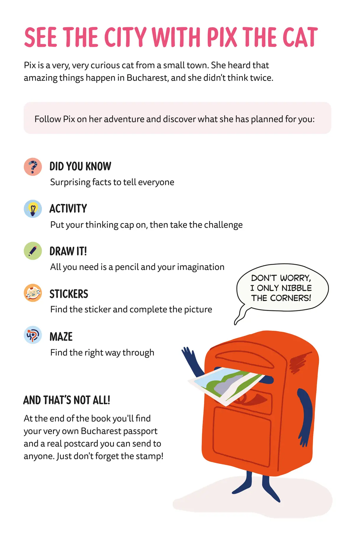 See the city with Pix the cat: the book’s icons (Did you know, Activity, Draw it!, Stickers, Maze) and a postbox nibbling letters