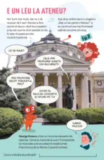 Ateneul Român: Pix ascultă în fața clădirii, un leu se ițește de pe acoperiș, iar jos e George Enescu