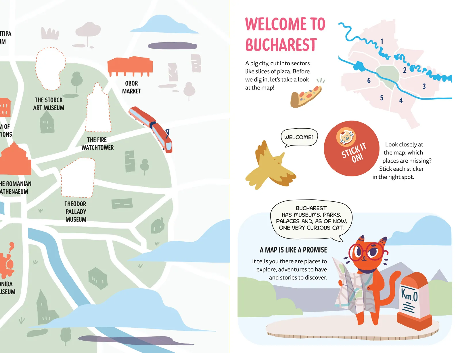 The city map and the ‘Welcome to Bucharest’ page, from Pix Paws through Bucharest