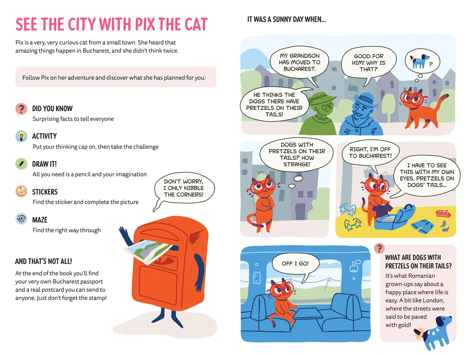 The book’s icons and the comic strip where Pix sets off for Bucharest, from Pix Paws through Bucharest
