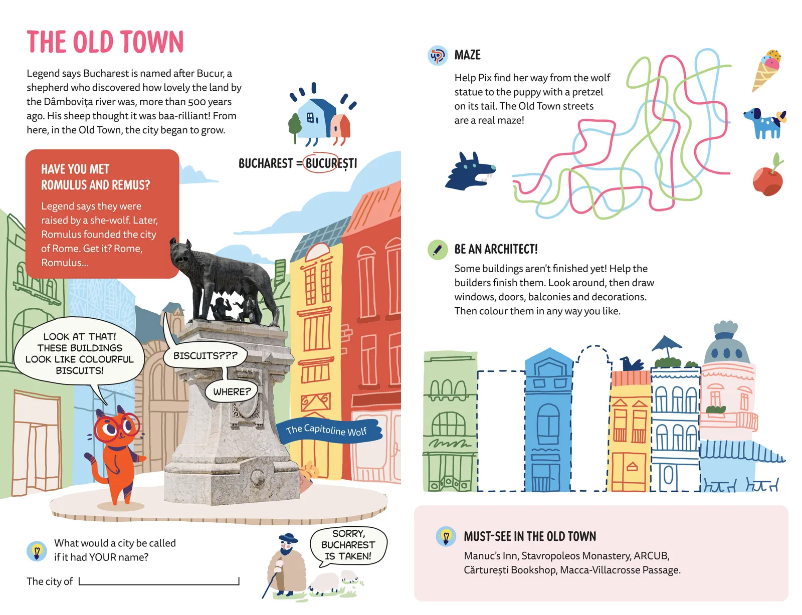 The Old Town pages, with the wolf statue and the maze, from Pix Paws through Bucharest