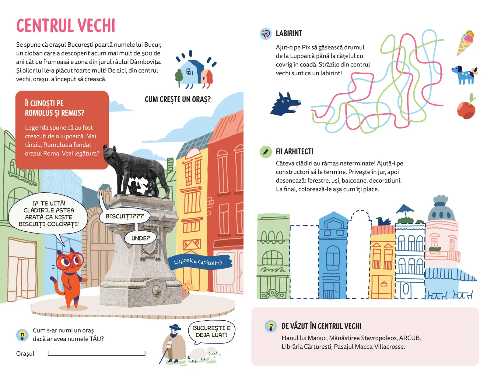 Pagina Centrul Vechi, cu Lupoaica și labirintul, din cartea Pisica Pix în vizită la București